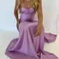 Lilac Spaghetti Straps Satin Simple Party Dress with Slit, DP2187