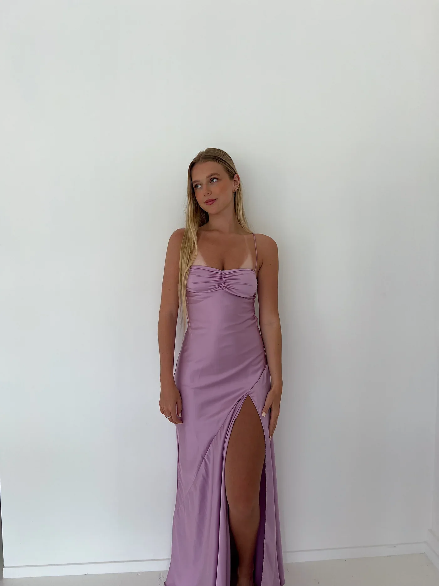 Lilac Spaghetti Straps Satin Simple Party Dress with Slit, DP2187