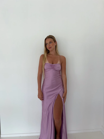 Lilac Spaghetti Straps Satin Simple Party Dress with Slit, DP2187