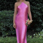 Hot Pink Halter Open Back Chic Long Party Dress, DP2191