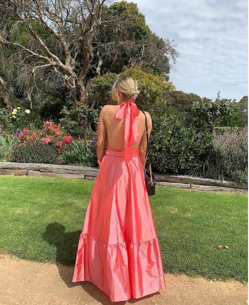 Peach Halter Backless A-Line Satin Long Party Dress, DP2194