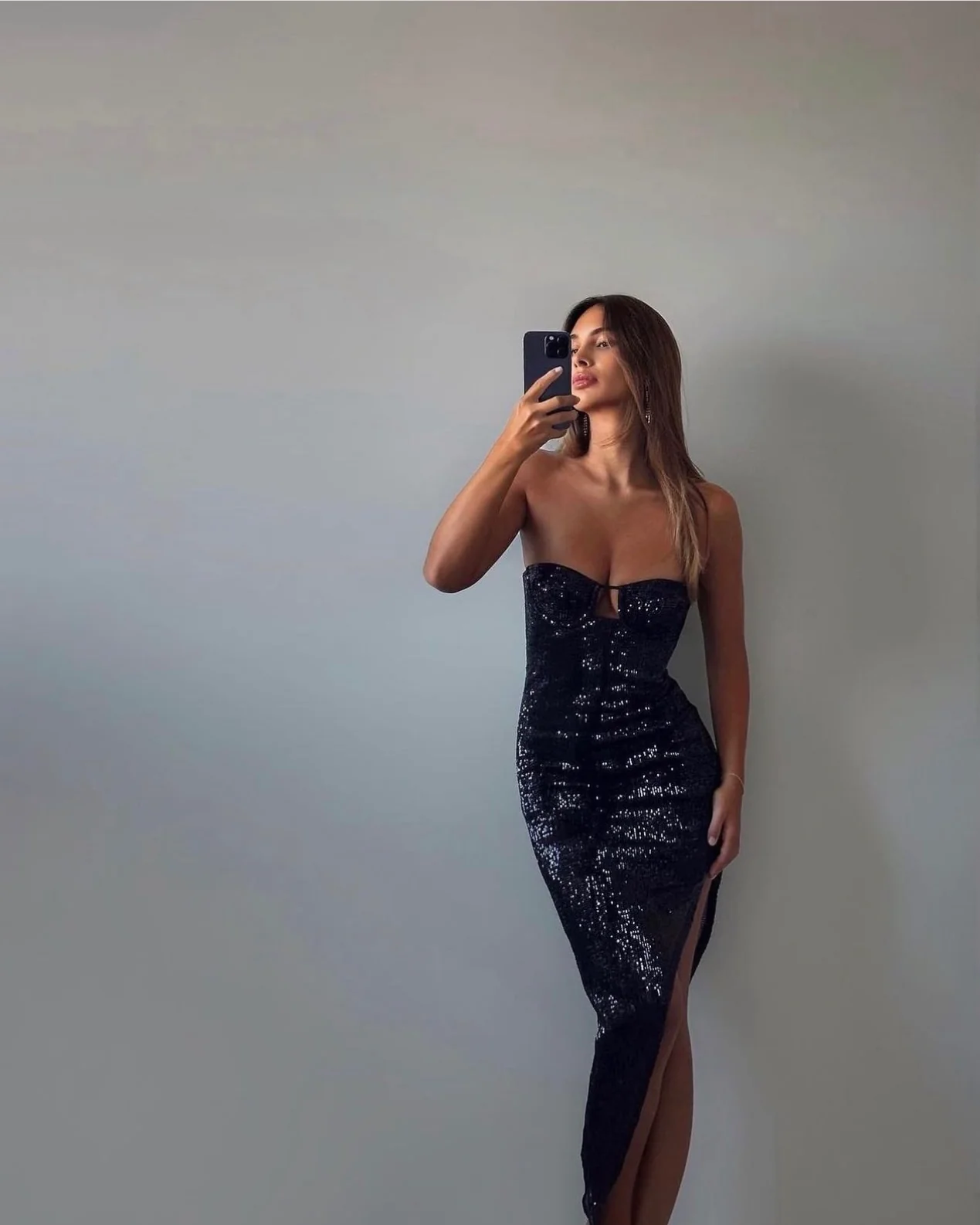 Shiny Black Strapless Sequins Sexy Party Dress with Slit, DP2202