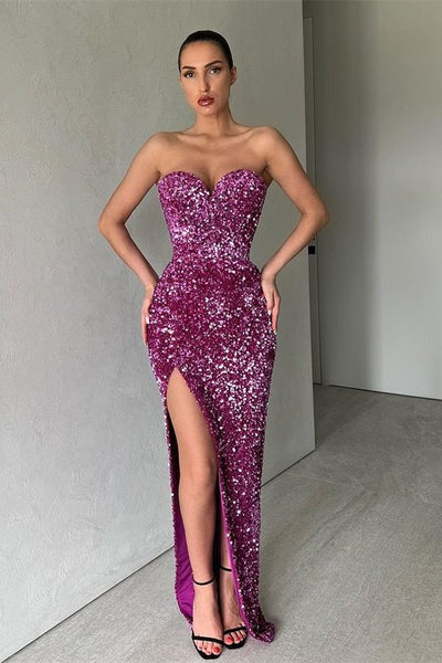 Elegant Long Mermaid Sweetheart Sequins Formal Prom Dress with Slit, DP2211