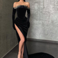 Black Long Mermaid Velvet Off Shoulder Split Prom Dress with Sleeves, DP2213