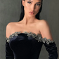 Black Long Mermaid Velvet Off Shoulder Split Prom Dress with Sleeves, DP2213