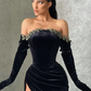 Black Long Mermaid Velvet Off Shoulder Split Prom Dress with Sleeves, DP2213