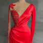 Red Long Sleeves V Neck Mermaid Prom Dress with Beadings, DP2214