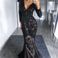 Charming Black Tulle Long Sleeves Mermaid Appliques Prom Dress, DP2215