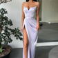 Simple Long Mermaid Spaghetti Straps Satin Pron Dress with Slit, DP2217