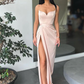 Simple Long Mermaid Spaghetti Straps Satin Pron Dress with Slit, DP2217