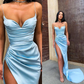 Sexy Sky Blue Long Mermaid Spaghetti Straps Prom Dress with Slit, DP2218