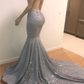 Silver Deep V Neck Halter Backless Mermaid Black Girl Prom Dress, DP2219