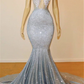 Silver Deep V Neck Halter Backless Mermaid Black Girl Prom Dress, DP2219