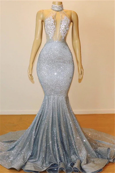 Silver Deep V Neck Halter Backless Mermaid Black Girl Prom Dress, DP2219