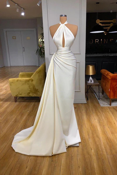 Ivory Mermaid Halter Blackless Long Evening Prom Dress with Split, DP2220