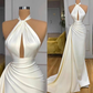 Ivory Mermaid Halter Blackless Long Evening Prom Dress with Split, DP2220