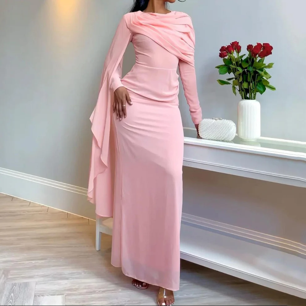 Pink Chiffon Pleated Long Sleeves Modest Evening Dress, DP2226