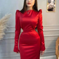 Red Modest Satin Long Sleeves Simple Classy Evening Dress, DP2227