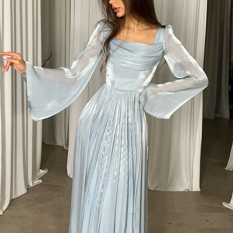 Blue Chiffon Pleated Long Sleeves Elegant A-Line Party Dress, DP2235