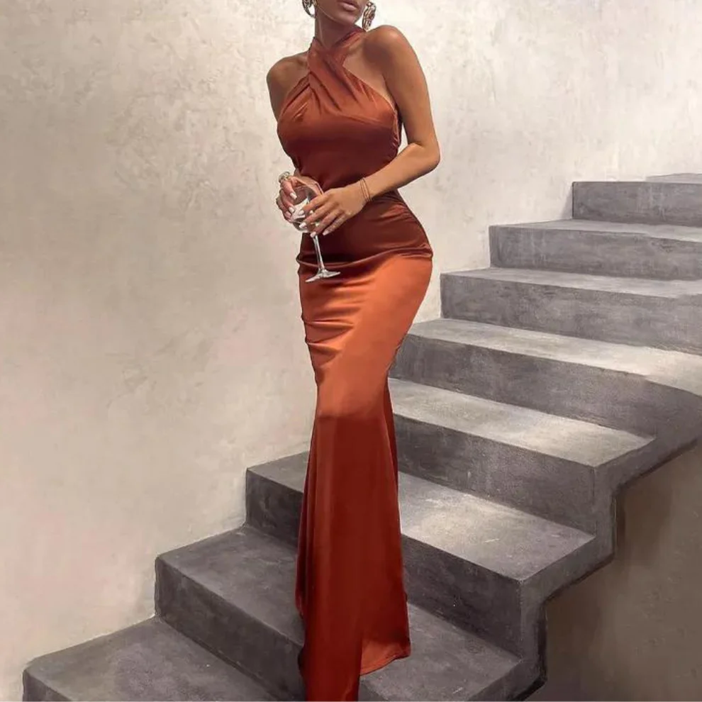 Brown Orange Cross Neck Mermaid Sexy Evening Party Dress, DP2239