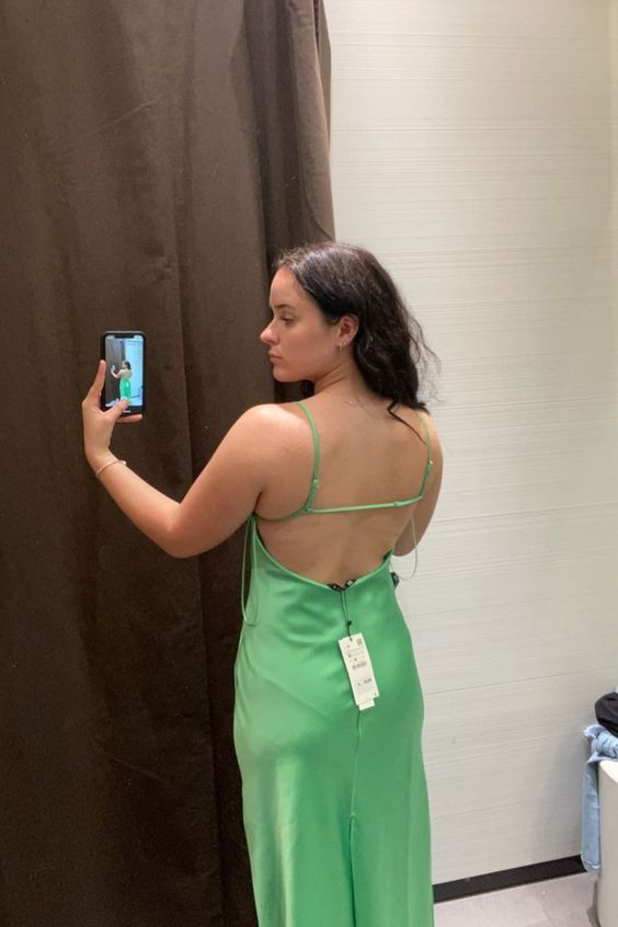 Spaghetti Straps Green Satin Backless Simple Party Dress, DP2247