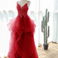 Red Spaghetti Straps A-Line Tulle Appliques Formal Prom Dress, DP2252