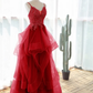 Red Spaghetti Straps A-Line Tulle Appliques Formal Prom Dress, DP2252