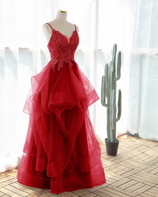 Red Spaghetti Straps A-Line Tulle Appliques Formal Prom Dress, DP2252