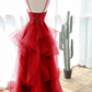 Red Spaghetti Straps A-Line Tulle Appliques Formal Prom Dress, DP2252