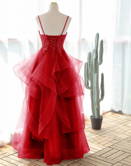 Red Spaghetti Straps A-Line Tulle Appliques Formal Prom Dress, DP2252