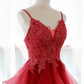 Red Spaghetti Straps A-Line Tulle Appliques Formal Prom Dress, DP2252