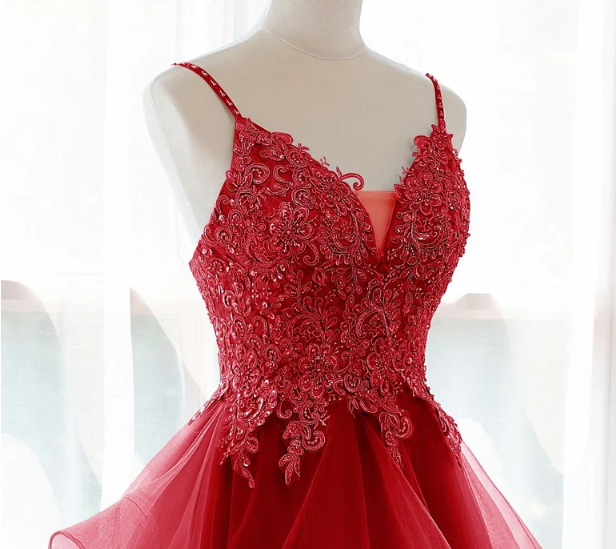 Red Spaghetti Straps A-Line Tulle Appliques Formal Prom Dress, DP2252