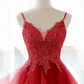 Red Spaghetti Straps A-Line Tulle Appliques Formal Prom Dress, DP2252