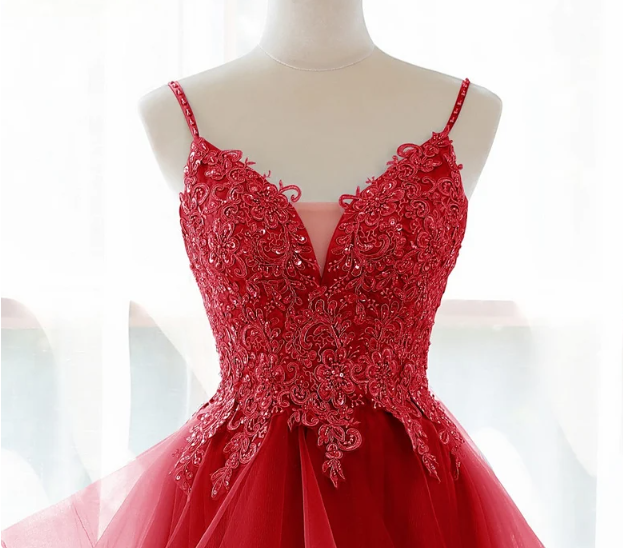 Red Spaghetti Straps A-Line Tulle Appliques Formal Prom Dress, DP2252