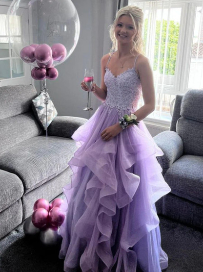 Lilac Cross Back A-Line Tulle Appliques Formal Prom Dress, DP2253