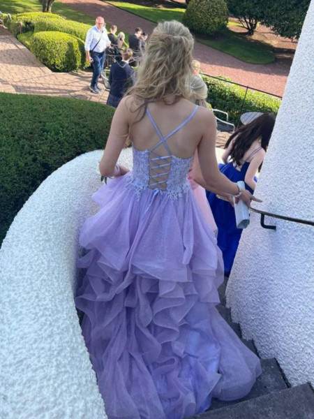 Lilac Cross Back A-Line Tulle Appliques Formal Prom Dress, DP2253