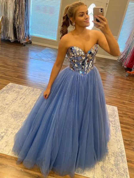 Sweetheart Blue Party Dress Strapless A-Line Evening Gown, DP2255