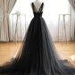 Black V Neck A-Line Tulle Formal Party Dress Evening Gown, DP2258