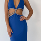 Royal Blue Deep V Neck Halter Backless Long Party Dress, DP2259