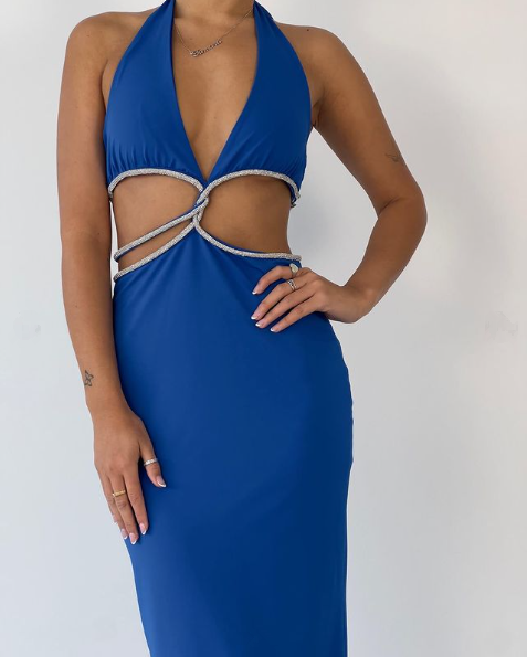 Royal Blue Deep V Neck Halter Backless Long Party Dress, DP2259