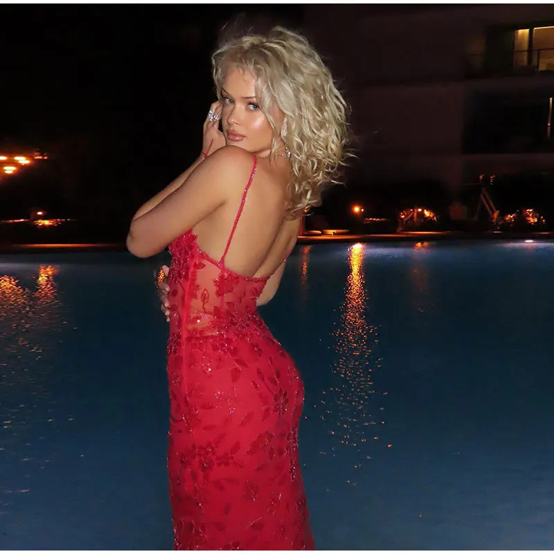 Red Spaghetti Straps Lace Beading Gorgeous Mermaid Evening Dress, DP2260