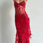 Red Spaghetti Straps Lace Beading Gorgeous Mermaid Evening Dress, DP2260