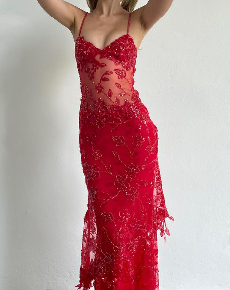 Red Spaghetti Straps Lace Beading Gorgeous Mermaid Evening Dress, DP2260