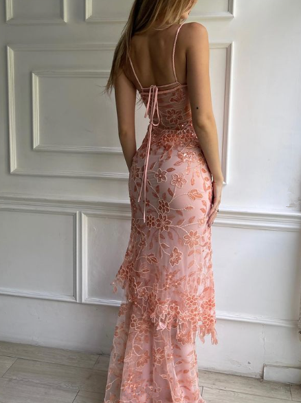 Pink Spaghetti Straps Lace Beading Gorgeous Mermaid Evening Dress, DP2261