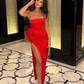 Sexy Red Strapless Satin Party Dress with High Slit, DP2262