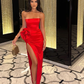 Sexy Red Strapless Satin Party Dress with High Slit, DP2262