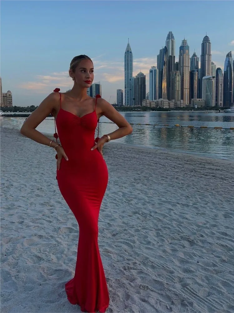 Charming Red Straps Backless Mermaid Long Party Dress, DP2263