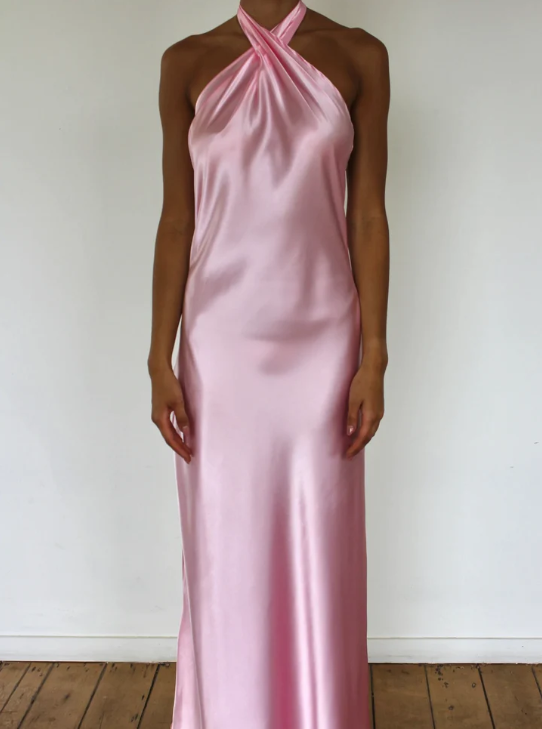 Pink Cross Neck Halter Backless Satin Party Dress, DP2296