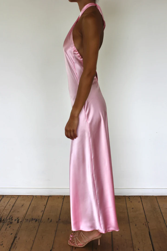 Pink Cross Neck Halter Backless Satin Party Dress, DP2296