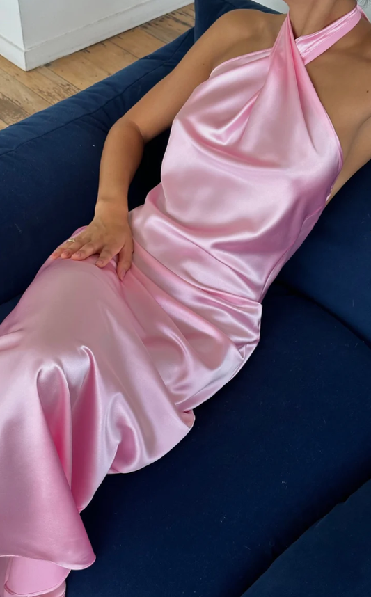 Pink Cross Neck Halter Backless Satin Party Dress, DP2296